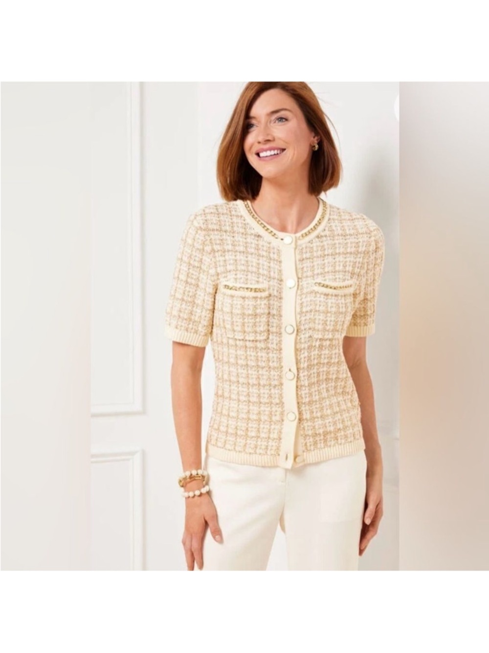 Talbots Cream Tweed Short-Sleeve Cardigan with Gold Accents 2X